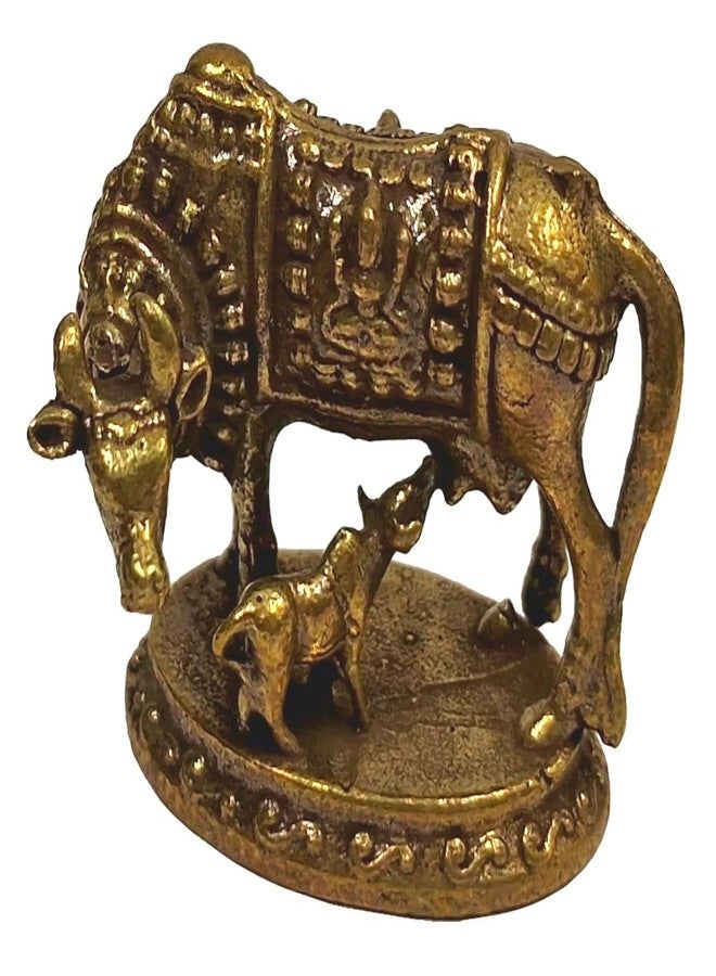 Purpledip Rare Miniature Brass Idol Kamdhenu Cow & Calf Collectible Statue with Detailed Very Fine Workmanship (12698R) - Image 2